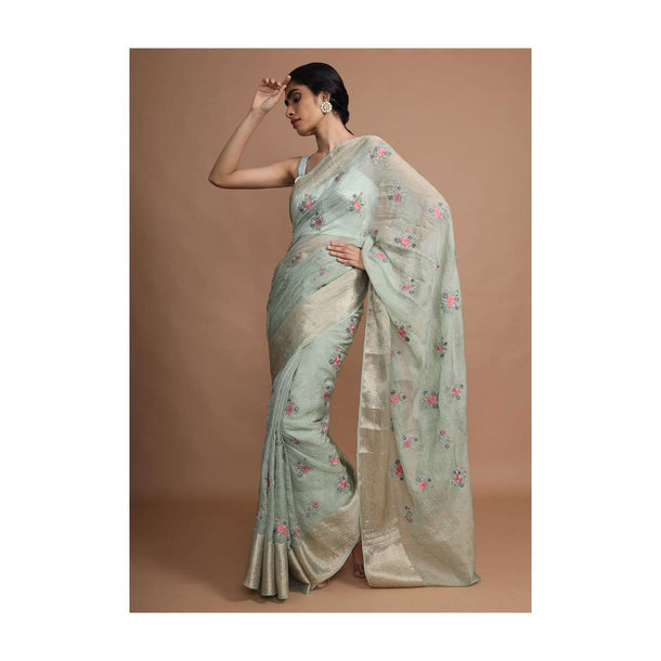 Pastel Green Saree With Weaved Border And Beautiful Resham Embroidered Floral Buttis Online - Kalki Fashion