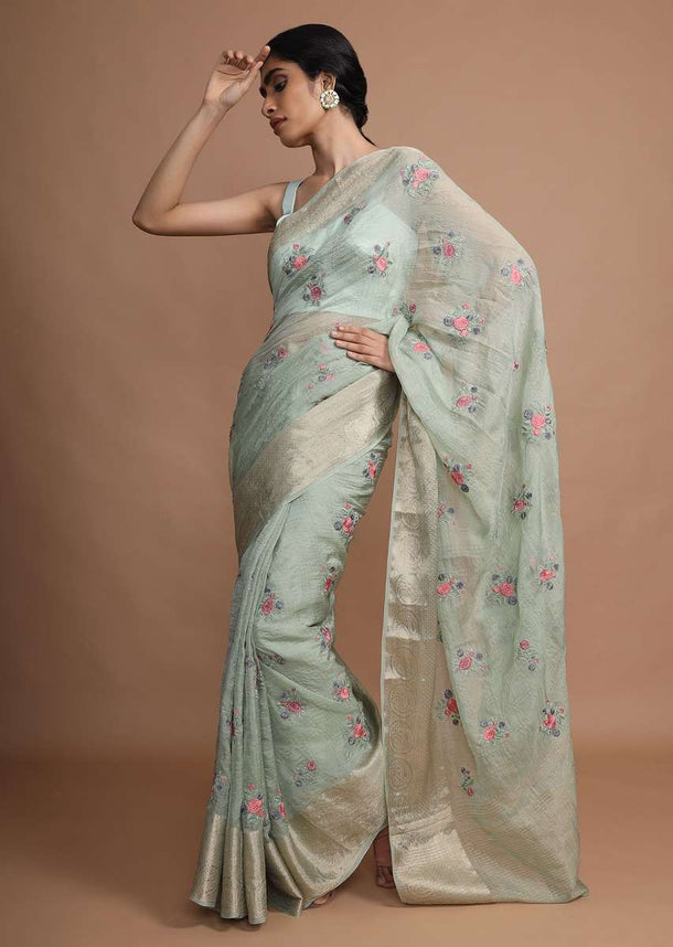 Pastel Green Saree With Weaved Border And Beautiful Resham Embroidered Floral Buttis Online - Kalki Fashion