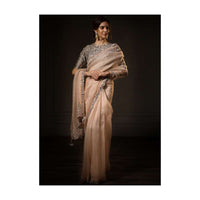 Pastel Peach Saree In Organza With Contrasting Grey Blouse Online - Kalki Fashion