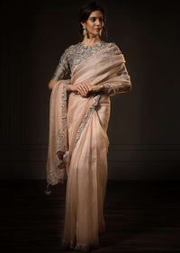 Pastel Peach Saree In Organza With Contrasting Grey Blouse Online - Kalki Fashion