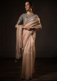 Pastel Peach Saree In Organza With Contrasting Grey Blouse Online - Kalki Fashion