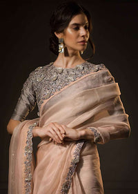 Pastel Peach Saree In Organza With Contrasting Grey Blouse Online - Kalki Fashion