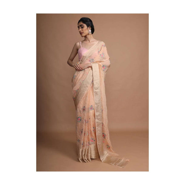 Pastel Peach Saree With Weaved Border And Beautiful Resham Embroidered Floral Buttis Online - Kalki Fashion