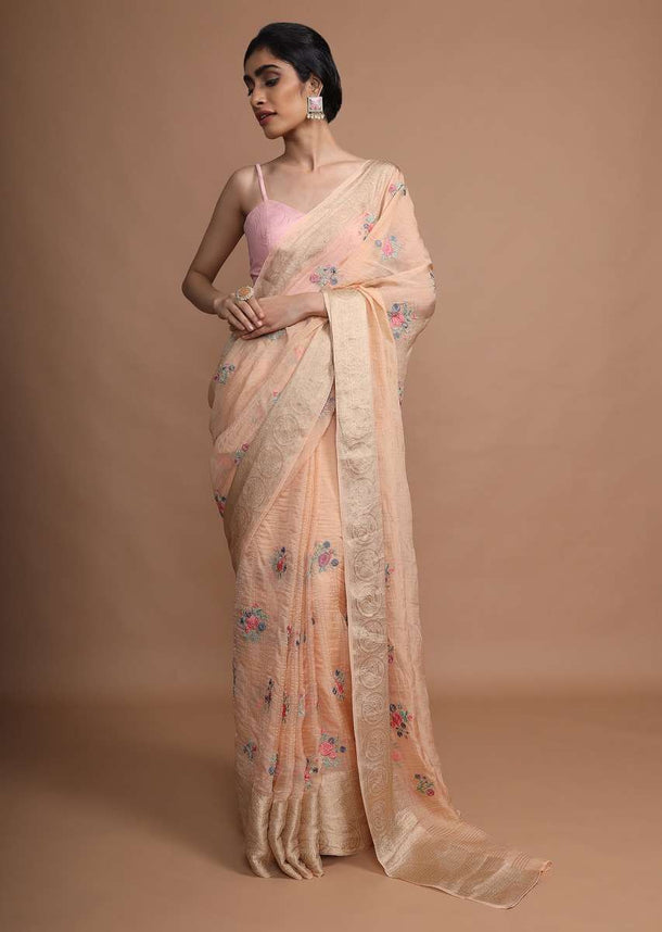 Pastel Peach Saree With Weaved Border And Beautiful Resham Embroidered Floral Buttis Online - Kalki Fashion