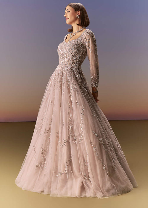 Buy Pastel Pink Embroidered Gown With Full Sleeves