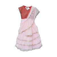 Pastel Pink Ready Pleated Saree In Georgette With Ruffle Layers And Red Sequins Embellished Choli By Fayon Kids