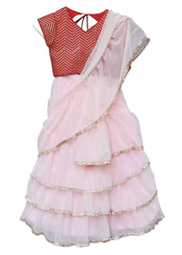 Pastel Pink Ready Pleated Saree In Georgette With Ruffle Layers And Red Sequins Embellished Choli By Fayon Kids