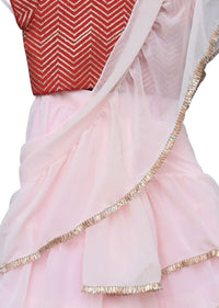 Pastel Pink Ready Pleated Saree In Georgette With Ruffle Layers And Red Sequins Embellished Choli By Fayon Kids