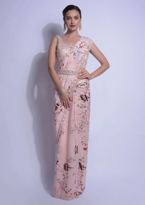 Pastel Pink Saree And Embellished Belt With Floral Print And Mirror Abla Work Online - Kalki Fashion