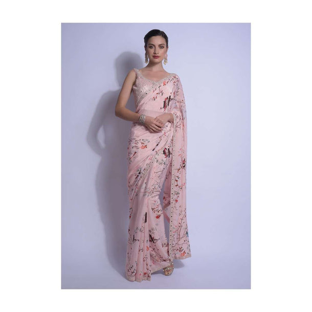 Pastel Pink Saree And Embellished Belt With Floral Print And Mirror Abla Work Online - Kalki Fashion