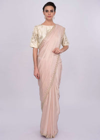 Pastel pink satin chiffon saree with cut dana and moti embroidery and butti only on Kalki