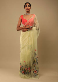 Pastel Yellow Saree In Organza With Floral Print On The Border And Pallu Along With Sequin Highlights Online - Kalki Fashion