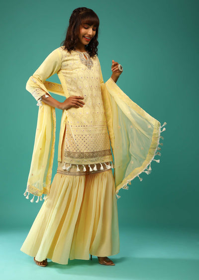 Pastel Yellow Sharara Suit In Georgette With Lucknowi Embroidered Moroccan Jaal Along With Gotta Abla  And Tassel Details