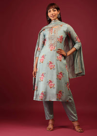 Mint Blue Floral Print Pant Suit In Straight Cut And U Neckline With Zari Embroidery
