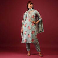 Mint Blue Floral Print Pant Suit In Straight Cut And U Neckline With Zari Embroidery