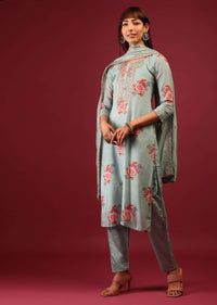 Mint Blue Floral Print Pant Suit In Straight Cut And U Neckline With Zari Embroidery