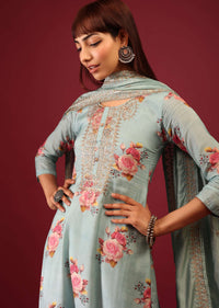 Mint Blue Floral Print Pant Suit In Straight Cut And U Neckline With Zari Embroidery