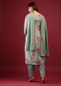Mint Blue Floral Print Pant Suit In Straight Cut And U Neckline With Zari Embroidery