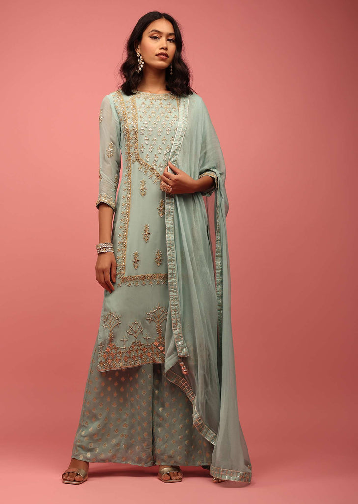 Pastel Blue Georgette Palazzo Suit Handcrafted With Gotta Work, Zardosi And Pearls