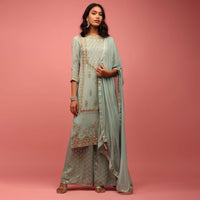 Pastel Blue Georgette Palazzo Suit Handcrafted With Gotta Work, Zardosi And Pearls