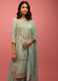Pastel Blue Georgette Palazzo Suit Handcrafted With Gotta Work, Zardosi And Pearls