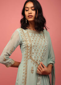 Pastel Blue Georgette Palazzo Suit Handcrafted With Gotta Work, Zardosi And Pearls