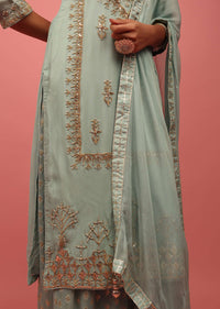 Pastel Blue Georgette Palazzo Suit Handcrafted With Gotta Work, Zardosi And Pearls