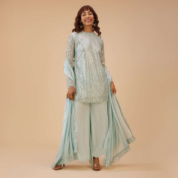 Powder Blue Palazzo Suit Set In Sequin