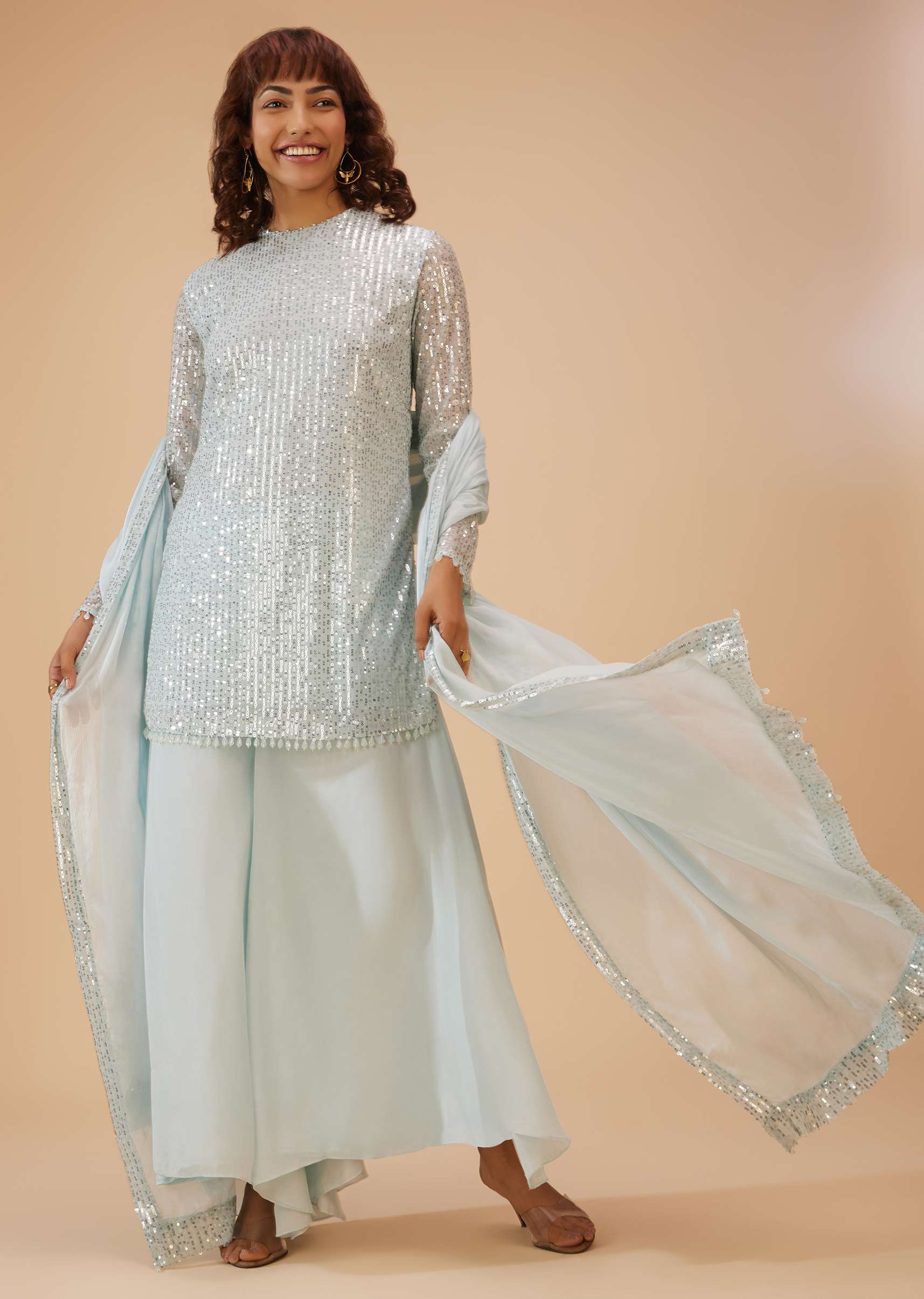 Powder Blue Palazzo Suit Set In Sequin