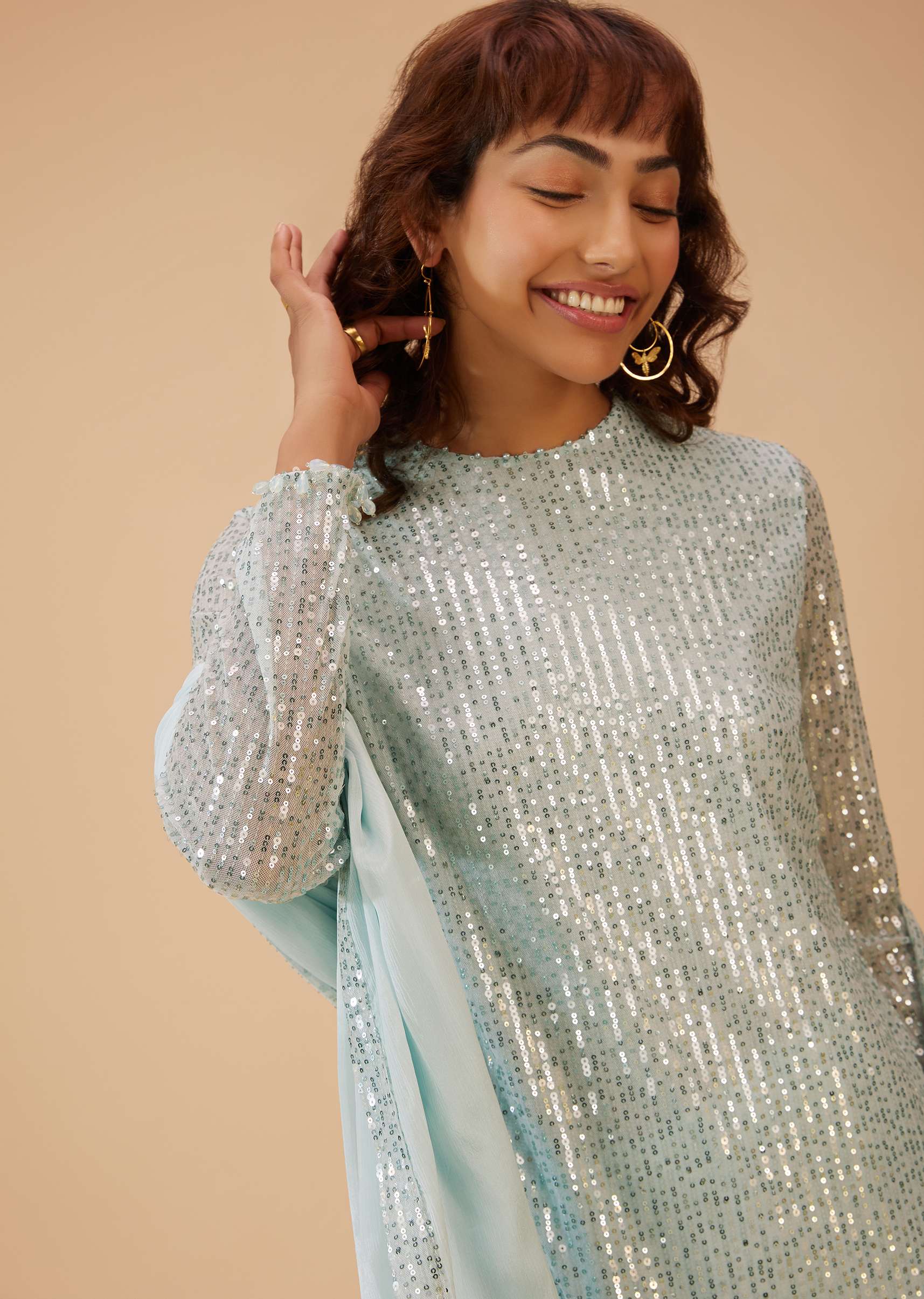 Powder Blue Palazzo Suit Set In Sequin