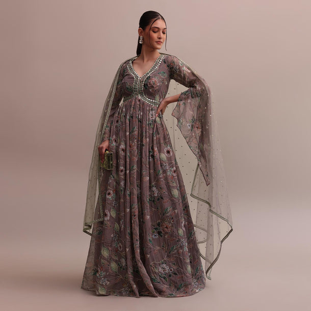 Pastel Brown Embroidered Organza Floor Length Anarkali Set With Net Dupatta