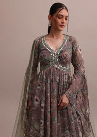 Pastel Brown Embroidered Organza Floor Length Anarkali Set With Net Dupatta