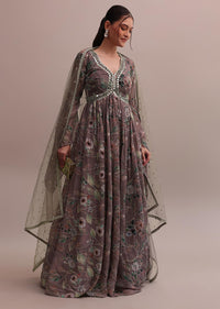 Pastel Brown Embroidered Organza Floor Length Anarkali Set With Net Dupatta