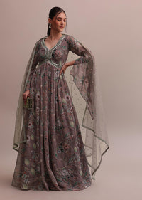 Pastel Brown Embroidered Organza Floor Length Anarkali Set With Net Dupatta