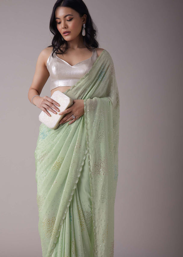 Minty Green Crepe Saree With Sequins