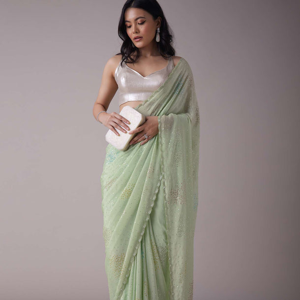 Minty Green Crepe Saree With Sequins