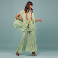 Pista Green Embroidered Pant-Top Set In Chinon