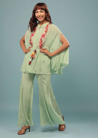 Pista Green Embroidered Pant-Top Set In Chinon