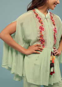 Pista Green Embroidered Pant-Top Set In Chinon