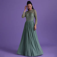 Pastel Green Gown In Georgette With Cut Dana Embroidery