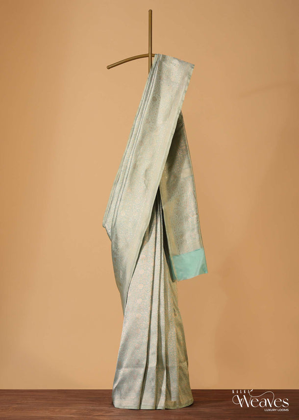 Pastel Green Handloom Banarasi Saree In Uppada Silk With Brocade Weave And Unstitched Blouse
