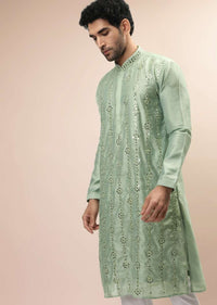 Pastel Green Kurta Set In Raw Silk With Resham And Mirror Embroidered Floral Motifs In Linear Design