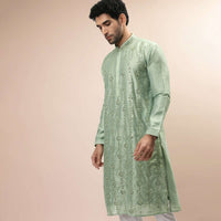 Pastel Green Kurta Set In Raw Silk With Resham And Mirror Embroidered Floral Motifs In Linear Design