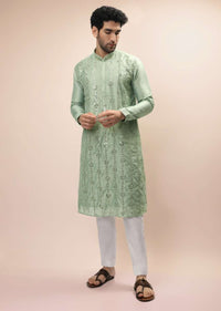 Pastel Green Kurta Set In Raw Silk With Resham And Mirror Embroidered Floral Motifs In Linear Design