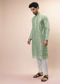 Pastel Green Kurta Set In Raw Silk With Resham And Mirror Embroidered Floral Motifs In Linear Design