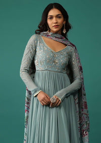 Pastel Mint Blue Anarkali In Georgette With Sequins Embroidery