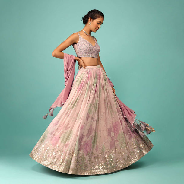 Onion Pink Lehenga In Georgette With Floral Print And Embroidery