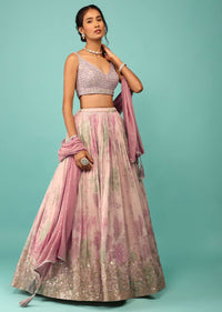 Onion Pink Lehenga In Georgette With Floral Print And Embroidery