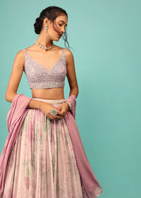 Onion Pink Lehenga In Georgette With Floral Print And Embroidery