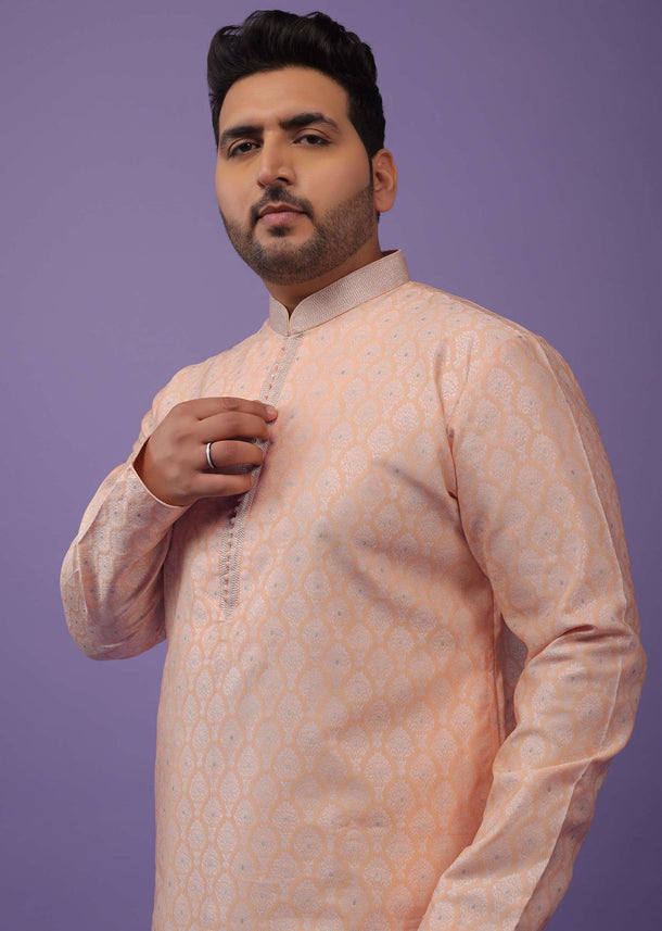 Pastel Peach Brocade Silk Kurta Set With Woven Design All Over